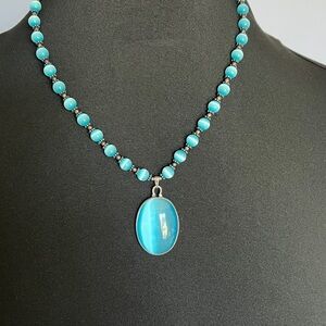 Vintage Sterling Silver Blue Cat’s Eye Bead Necklace With Oval Pendant